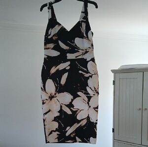 Ashley Graham Black Midi Dress with Cream Floral Design